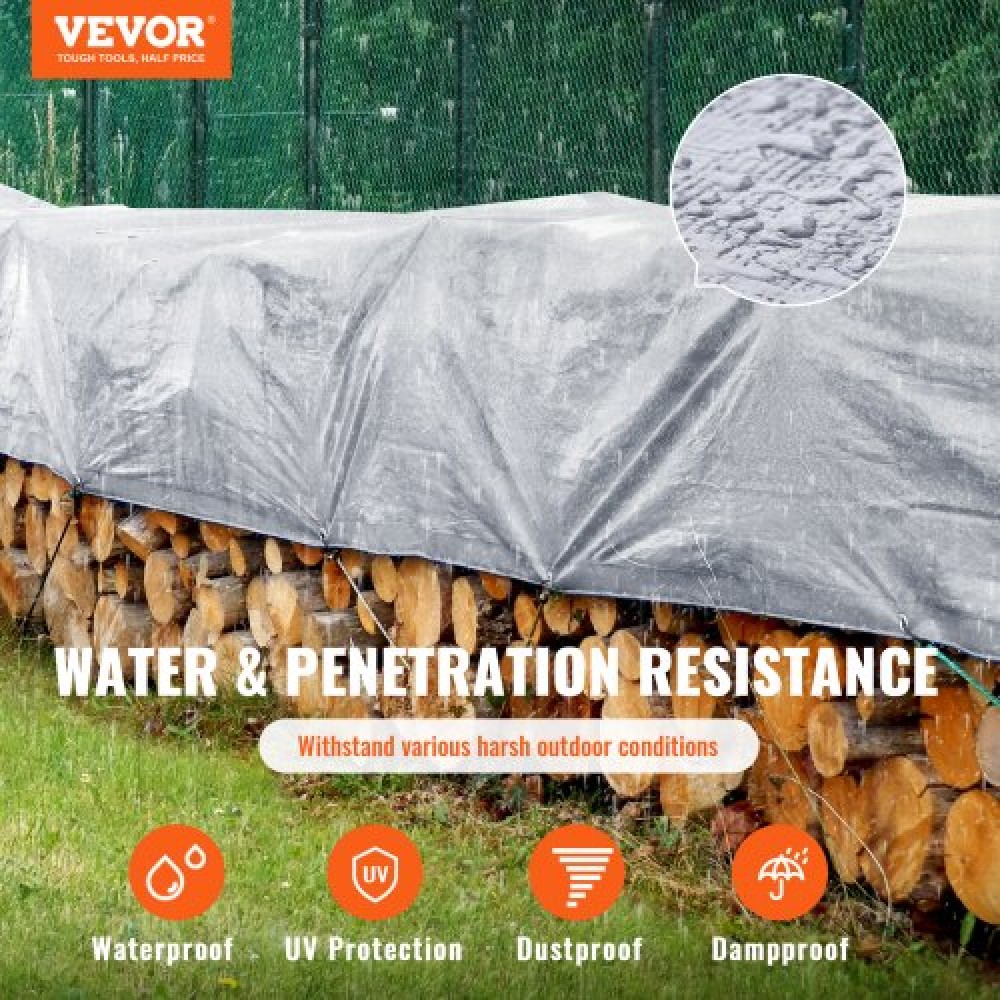 VEVOR Tarp Αδιάβροχο 609,6 x 914,4 cm, Πλαστικό κάλυμμα Poly Tarp 0,25 mm, Πολλαπλών Χρήσεων στο σκίσιμο UV και ανθεκτικό στη θερμοκρασία μουσαμά εξωτερικού χώρου με ενισχυμένους δακτύλιους υψηλής αντοχής (Ασημί/Καφέ)