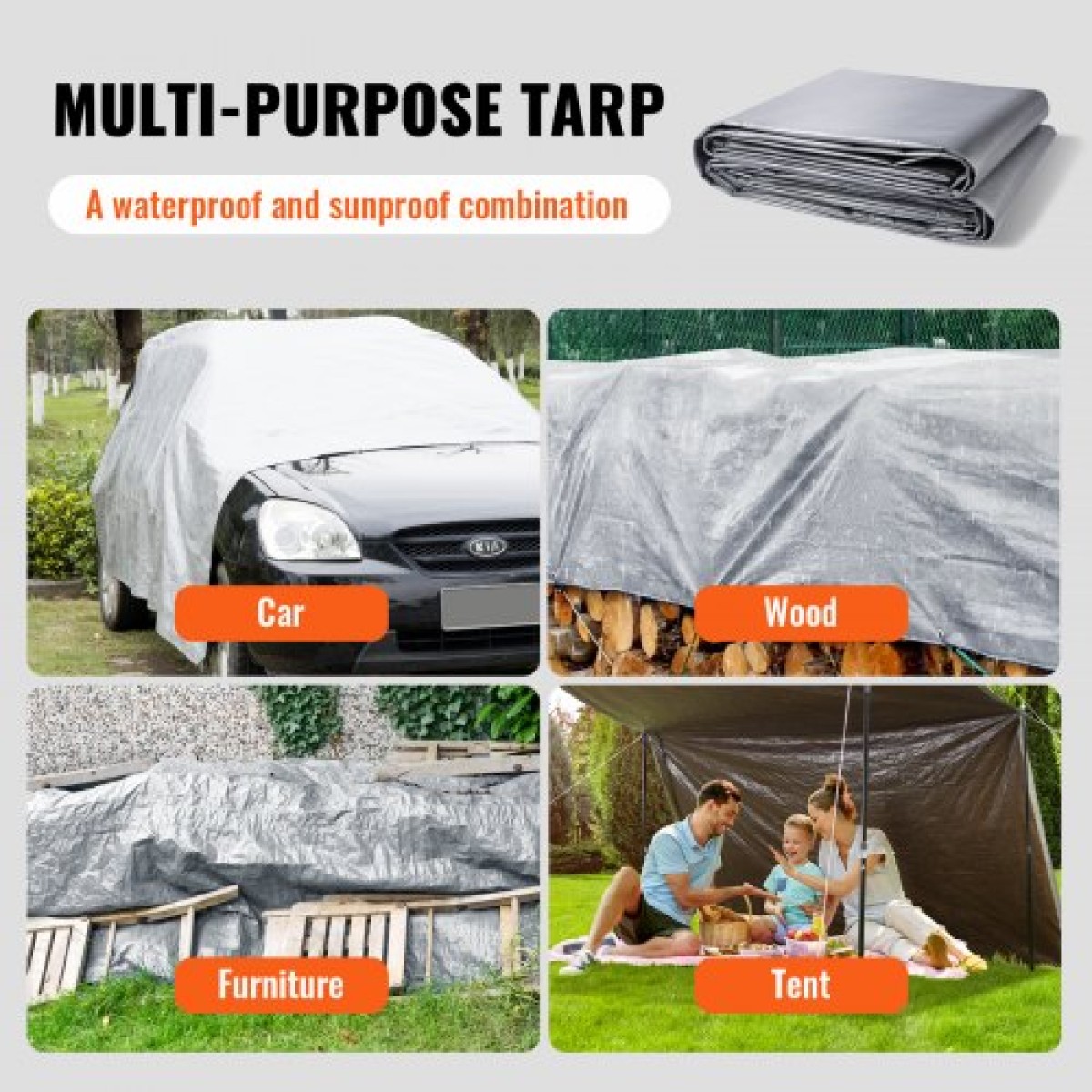 VEVOR Tarp Αδιάβροχο 609,6 x 914,4 cm, Πλαστικό κάλυμμα Poly Tarp 0,25 mm, Πολλαπλών Χρήσεων στο σκίσιμο UV και ανθεκτικό στη θερμοκρασία μουσαμά εξωτερικού χώρου με ενισχυμένους δακτύλιους υψηλής αντοχής (Ασημί/Καφέ)