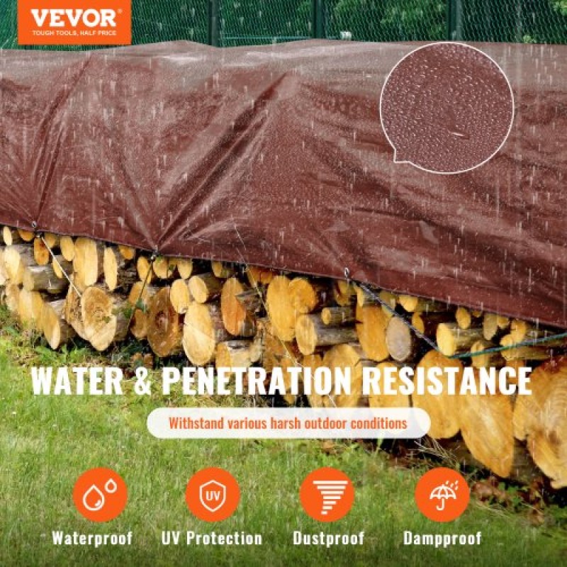 VEVOR Tarp 20x40 ft 16 Mil Extra Thick, Waterproof Poly Plastic Tarps Cover, Multi-Purpose Outdoor Tarpaulin with Grommets & Reinforced Edges for Truck, RV, Boat, Camping (Brown)