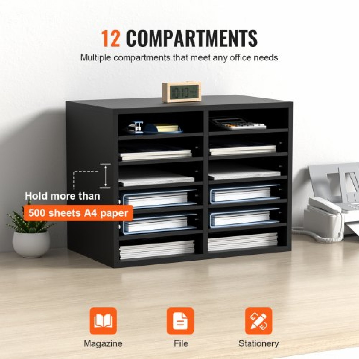 VEVOR Wood Literature Organizer, 12 διαμερίσματα, Ταξινόμηση αρχείων με αφαιρούμενα ράφια, Υποδοχή γραμματοκιβωτίων για Office Home Classroom Οργανισμός Mailrooms, Πιστοποίηση EPA, Μαύρο
