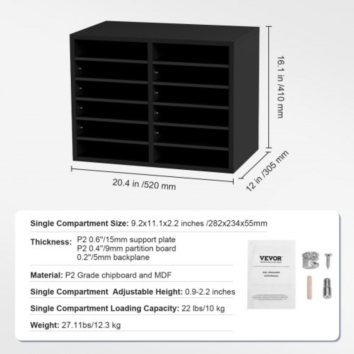 VEVOR Wood Literature Organizer, 12 διαμερίσματα, Ταξινόμηση αρχείων με αφαιρούμενα ράφια, Υποδοχή γραμματοκιβωτίων για Office Home Classroom Οργανισμός Mailrooms, Πιστοποίηση EPA, Μαύρο
