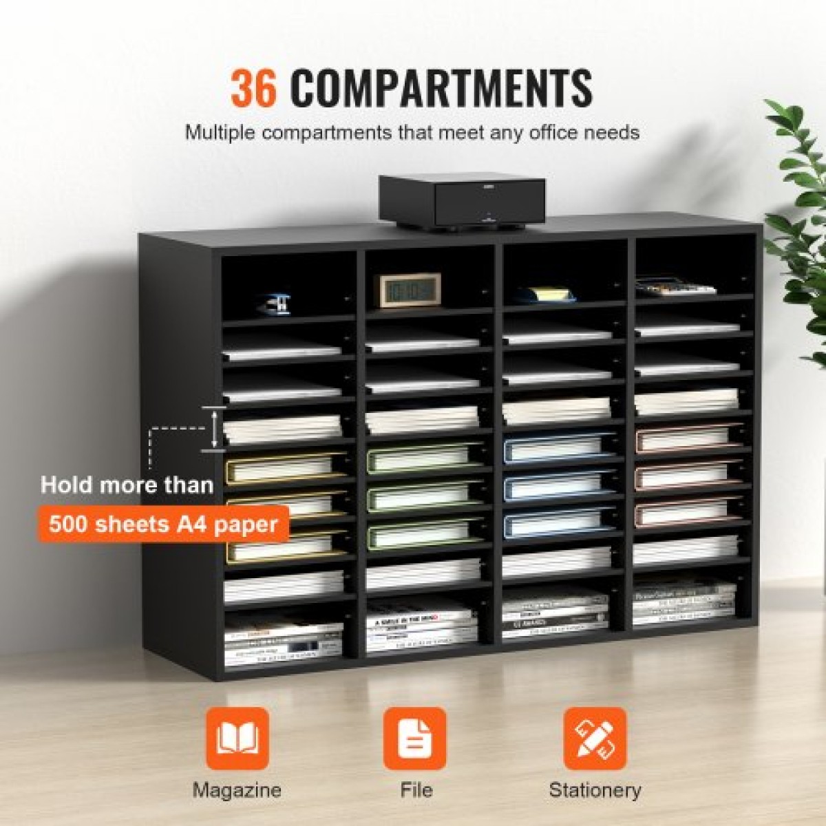 VEVOR Wood Literature Organizer, 36 διαμερίσματα, Ταξινόμηση αρχείων με αφαιρούμενα ράφια, Υποδοχή γραμματοκιβωτίων για Office Home Classroom Οργανισμός Mailrooms, Πιστοποίηση EPA, Μαύρο