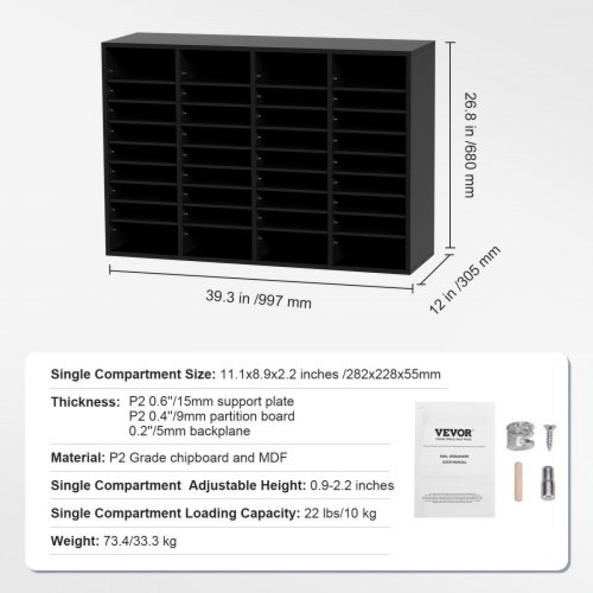 VEVOR Wood Literature Organizer, 36 διαμερίσματα, Ταξινόμηση αρχείων με αφαιρούμενα ράφια, Υποδοχή γραμματοκιβωτίων για Office Home Classroom Οργανισμός Mailrooms, Πιστοποίηση EPA, Μαύρο