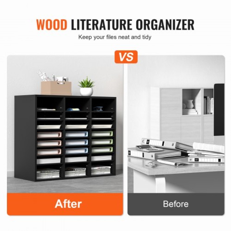 VEVOR Wood Literature Organizer, 24 διαμερίσματα, Ταξινόμηση αρχείων με αφαιρούμενα ράφια, Υποδοχή γραμματοκιβωτίων για Office Home Classroom Mailrooms Organization, Πιστοποίηση EPA, Μαύρο