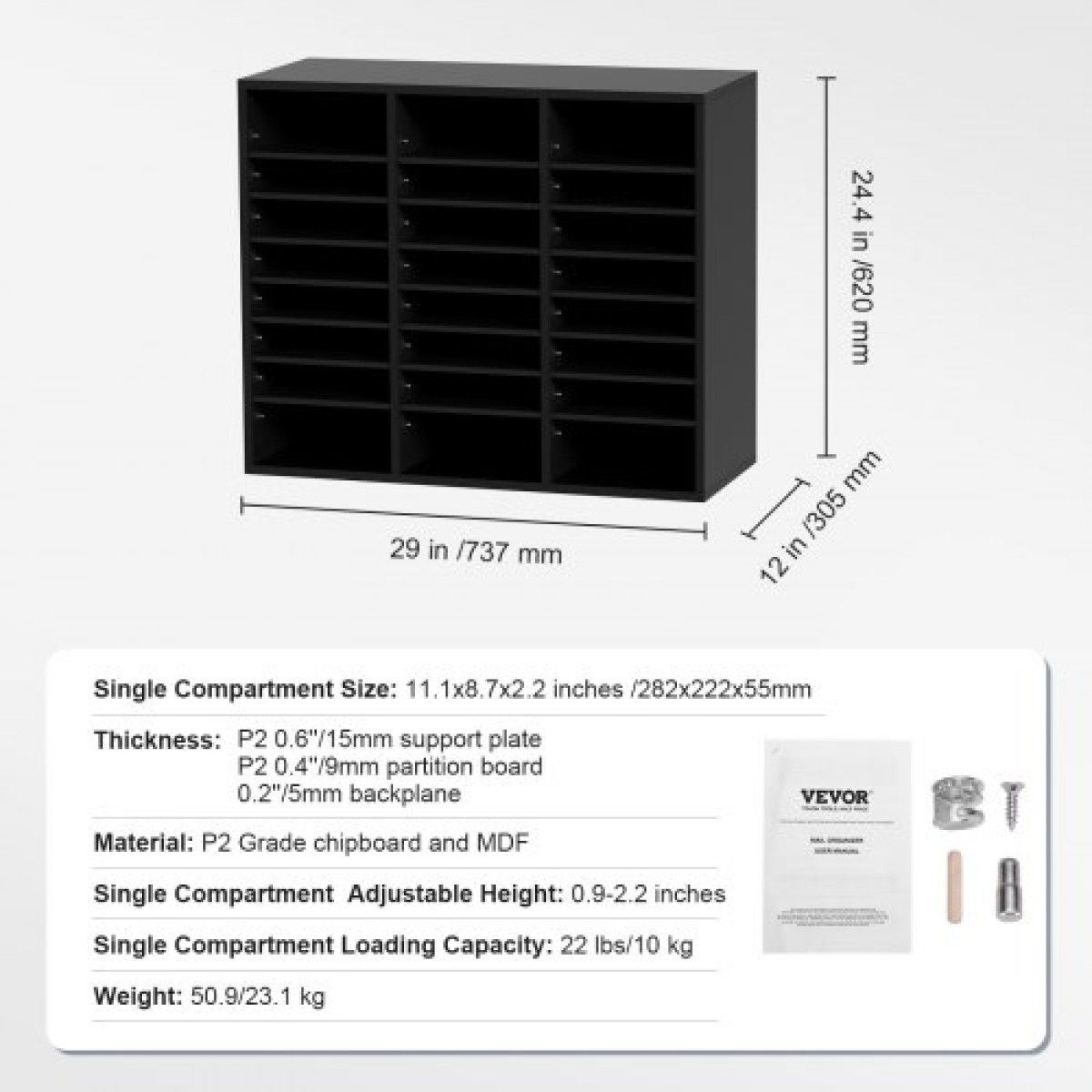 VEVOR Wood Literature Organizer, 24 διαμερίσματα, Ταξινόμηση αρχείων με αφαιρούμενα ράφια, Υποδοχή γραμματοκιβωτίων για Office Home Classroom Mailrooms Organization, Πιστοποίηση EPA, Μαύρο