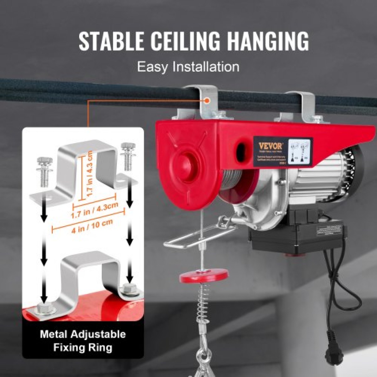 VEVOR Electric Hoist, 399,2 kg Ανυψωτική ικανότητα, 850W 220V Ηλεκτρικό συρμάτινο βαρούλκο με ασύρματο τηλεχειριστήριο, 1219 cm Ύψος ανύψωσης μονού καλωδίου & κινητήρας καθαρού χαλκού, για εργοστάσιο αποθήκης γκαράζ