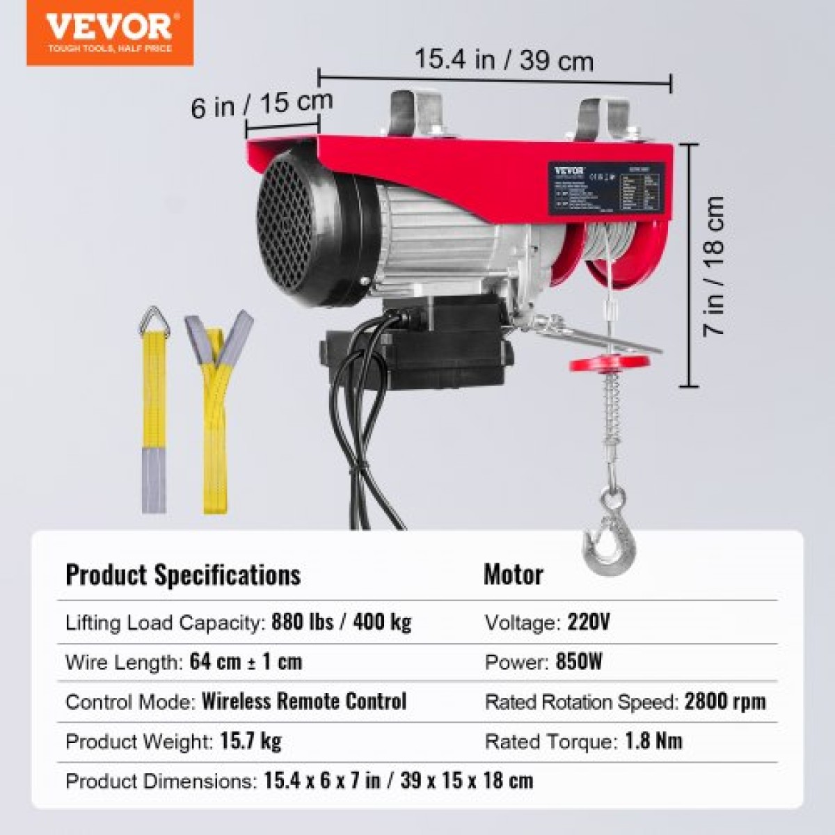 VEVOR Electric Hoist, 399,2 kg Ανυψωτική ικανότητα, 850W 220V Ηλεκτρικό συρμάτινο βαρούλκο με ασύρματο τηλεχειριστήριο, 1219 cm Ύψος ανύψωσης μονού καλωδίου & κινητήρας καθαρού χαλκού, για εργοστάσιο αποθήκης γκαράζ