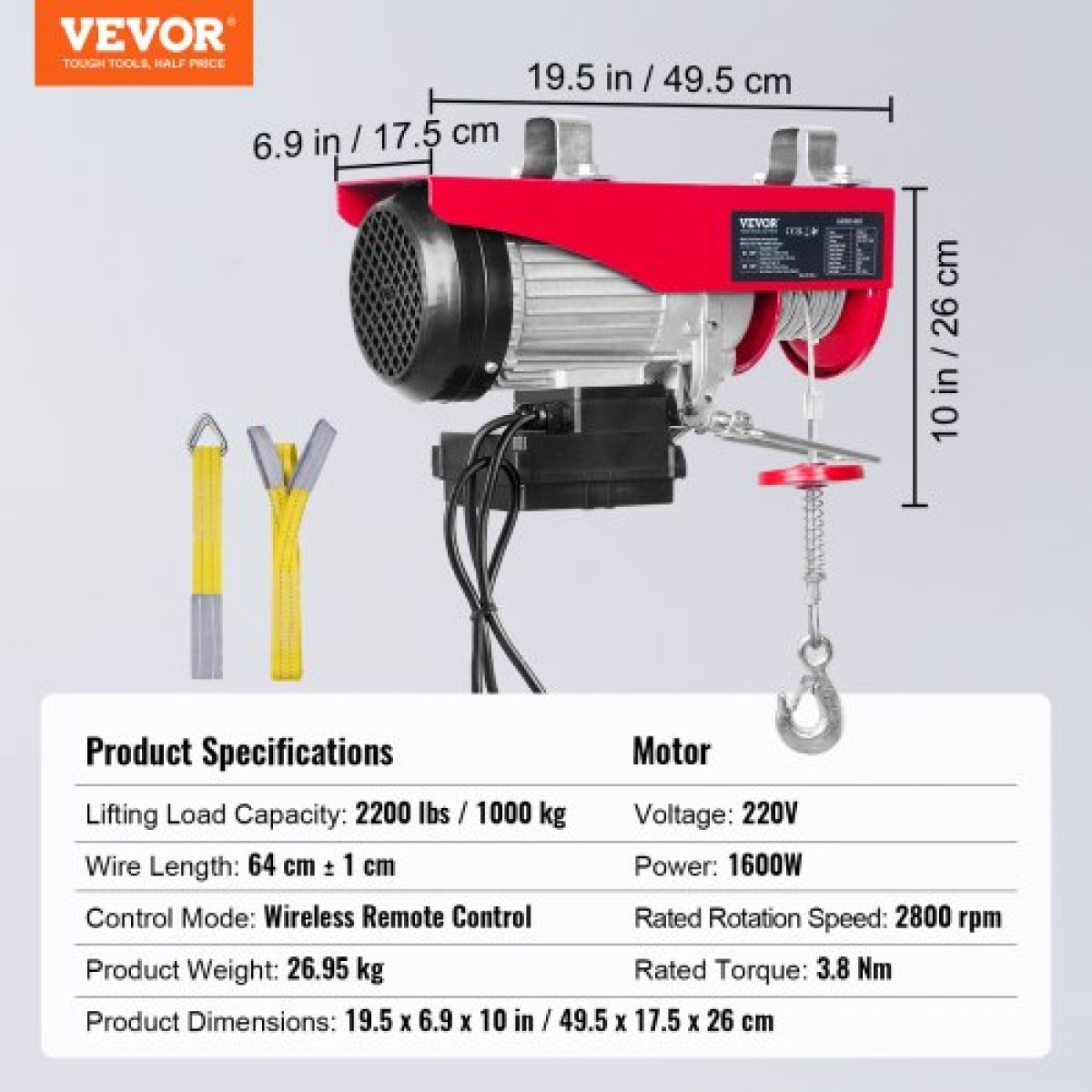 VEVOR Electric Hoist 2200 lb Electric Winch Wire Rope 1600W 220V Wireless Remote Control Lifting Electric Jack Portable Winch Electric Capstan