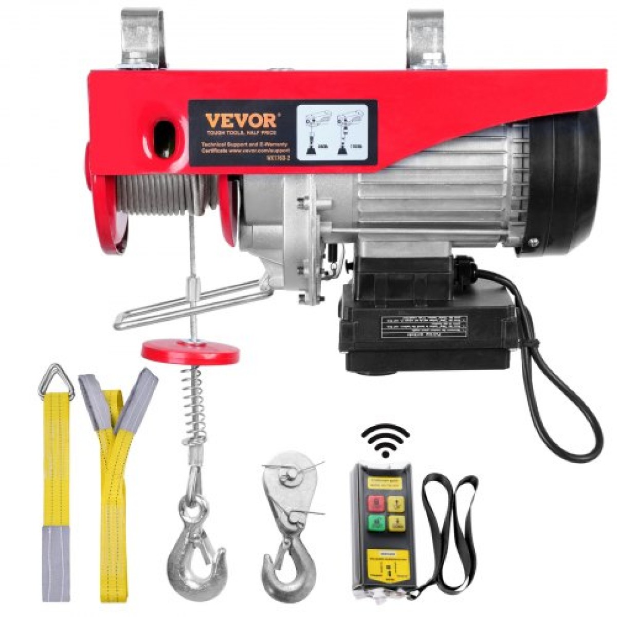 VEVOR Electric Hoist, 798 kg ανυψωτική ικανότητα, 1450W 220V ηλεκτρικό συρμάτινο βαρούλκο με ασύρματο τηλεχειριστήριο, 1219 cm Ύψος ανύψωσης μονού καλωδίου & κινητήρα καθαρού χαλκού, για εργοστάσιο αποθήκης γκαράζ