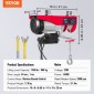 VEVOR Electric Hoist, 798 kg ανυψωτική ικανότητα, 1450W 220V ηλεκτρικό συρμάτινο βαρούλκο με ασύρματο τηλεχειριστήριο, 1219 cm Ύψος ανύψωσης μονού καλωδίου & κινητήρα καθαρού χαλκού, για εργοστάσιο αποθήκης γκαράζ