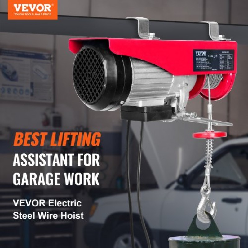 VEVOR Electric Hoist, 598,7 kg Ανυψωτική ικανότητα, 1150W 220V Ηλεκτρικό συρμάτινο βαρούλκο από χάλυβα με ενσύρματο τηλεχειριστήριο 427 cm, Ύψος ανύψωσης μονού καλωδίου 1219 cm & μοτέρ καθαρού χαλκού, για εργοστάσιο αποθήκης γκαράζ