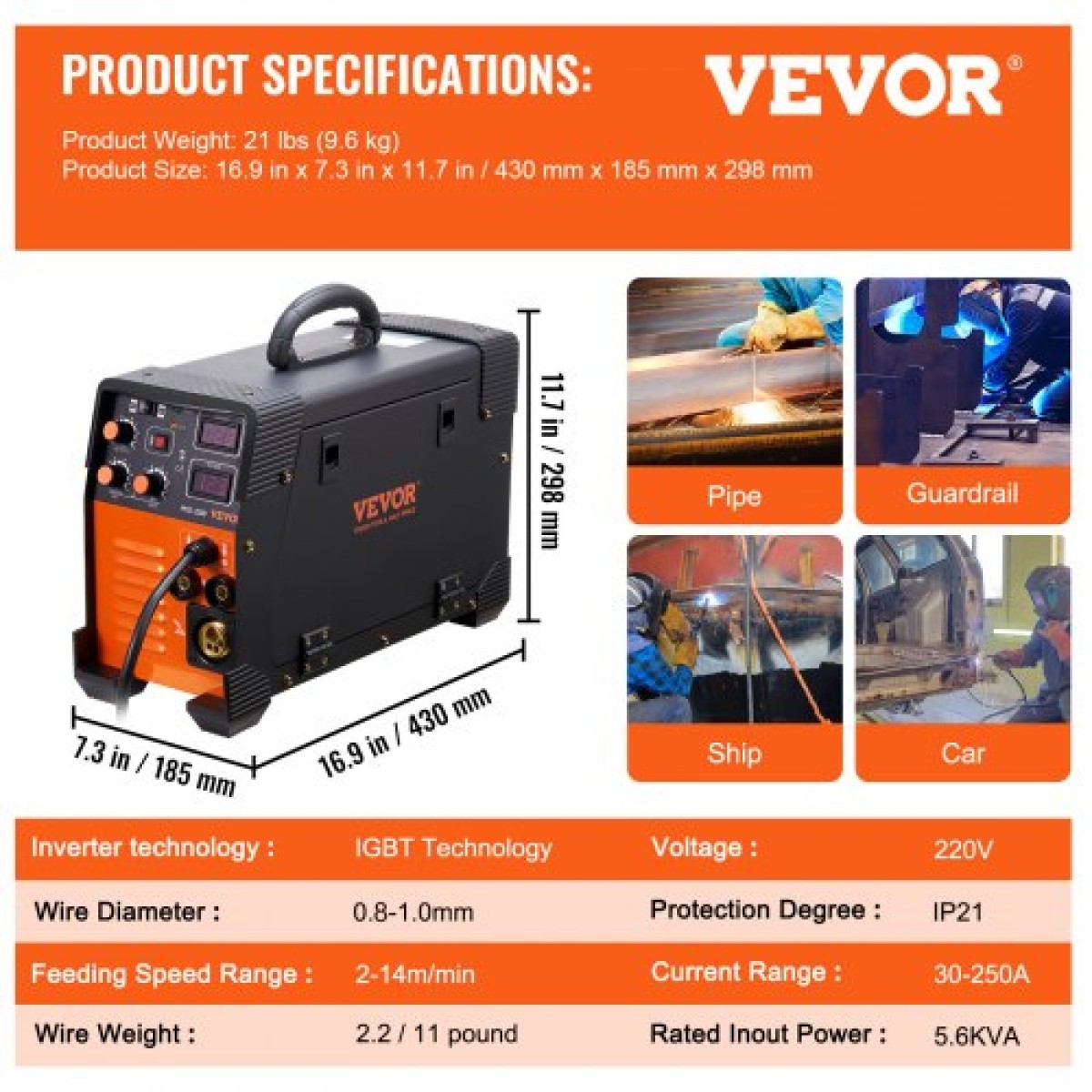 VEVOR MIG Welder 250 Amp MIG TIG Arc Welder 3 in 1 Welder Welding Machine 220V TIG Welder Lift ARC Welder MMA Stick IGBT DC Inverter Welder Digital Display Combo Welding Machine