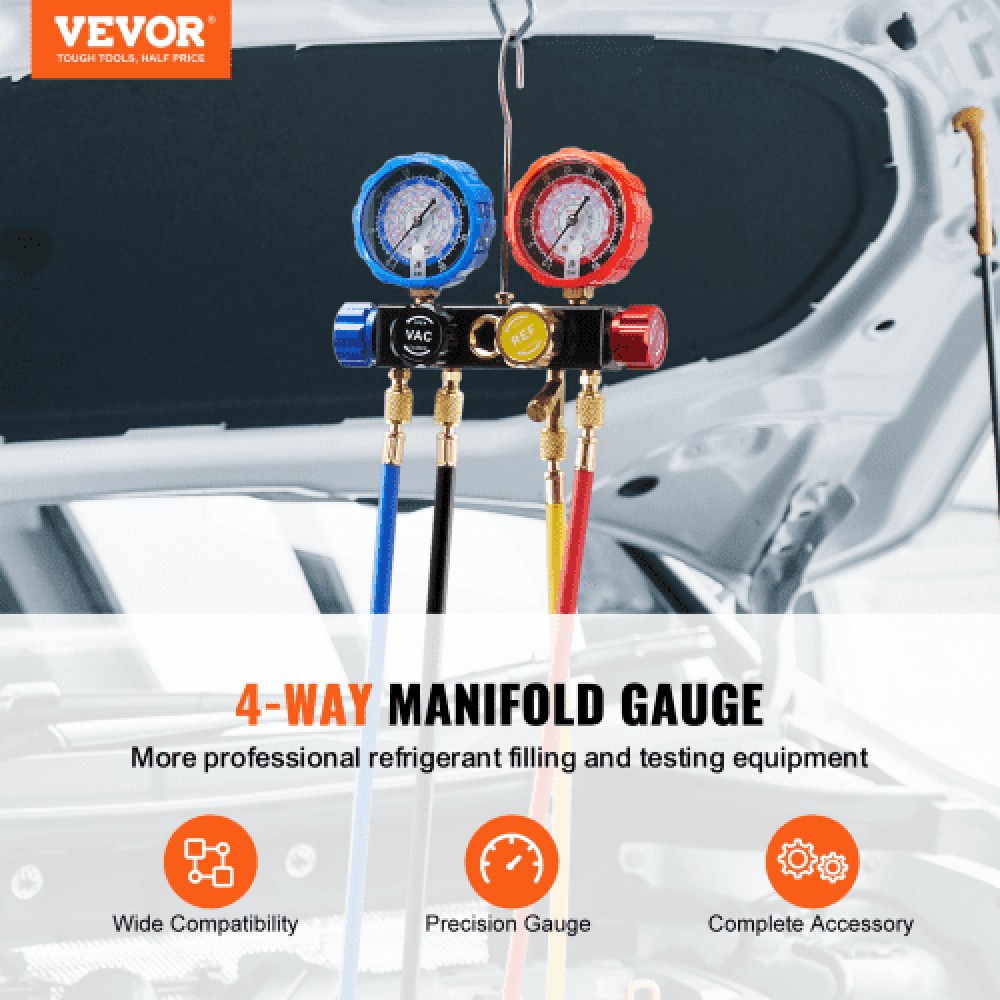 VEVOR 4 Way AC Gauge - AC Manifold Gauge Set για ψυκτικό μέσο R134A R22 R12 R410A, μετρητές φρέον με εύκαμπτους σωλήνες 152,4 cm, ζεύκτες, κουμπώματα με δυνατότητα κρούσης στην αυτόματη φόρτιση και εκκένωση φρέον αυτοκινήτου