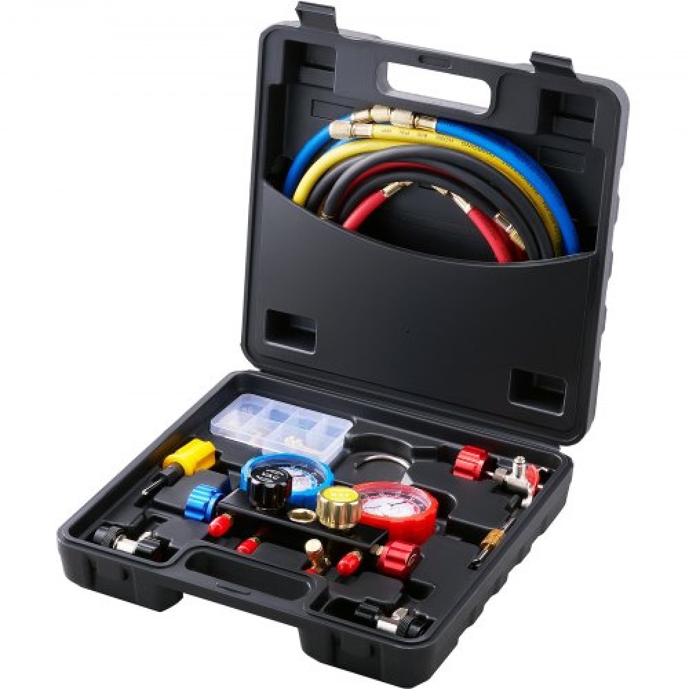 VEVOR 4 Way AC Gauge - AC Manifold Gauge Set για ψυκτικό μέσο R134A R22 R12 R410A, μετρητές φρέον με εύκαμπτους σωλήνες 152,4 cm, ζεύκτες, κουμπώματα με δυνατότητα κρούσης στην αυτόματη φόρτιση και εκκένωση φρέον αυτοκινήτου