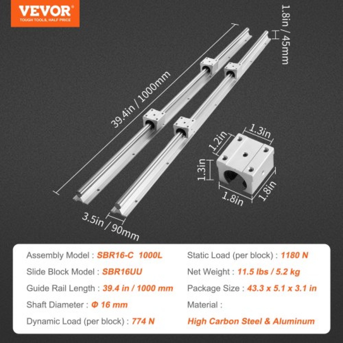 VEVOR Linear Guide Rail Set, 2 PCS 39,4 in/1000 mm SBR16 Guide Rails και 4 PCS SBR16UU Slide Blocks, SBR16 1000mm, Linear Rails and Bearings Kit for Automated Machines DIY Project CNC Router Machines