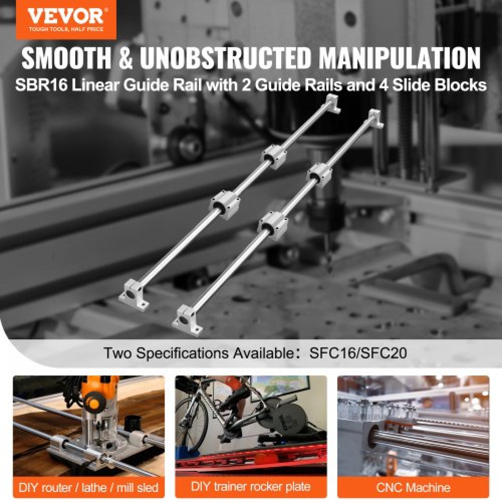 VEVOR Linear Guide Rail Set, SFC16 1000mm, 2 PCS 39,4 in/1000 mm SFC16 Guide Rails 4 PCS SC16 Slide Blocks 4 PCS Rail Supports, Linear Rails and Bearings Kit for Automated Machines CNC DIY Project
