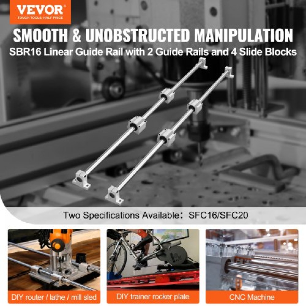 VEVOR Linear Guide Rail Set, SFC16 1000mm, 2 PCS 39,4 in/1000 mm SFC16 Guide Rails 4 PCS SC16 Slide Blocks 4 PCS Rail Supports, Linear Rails and Bearings Kit for Automated Machines CNC DIY Project