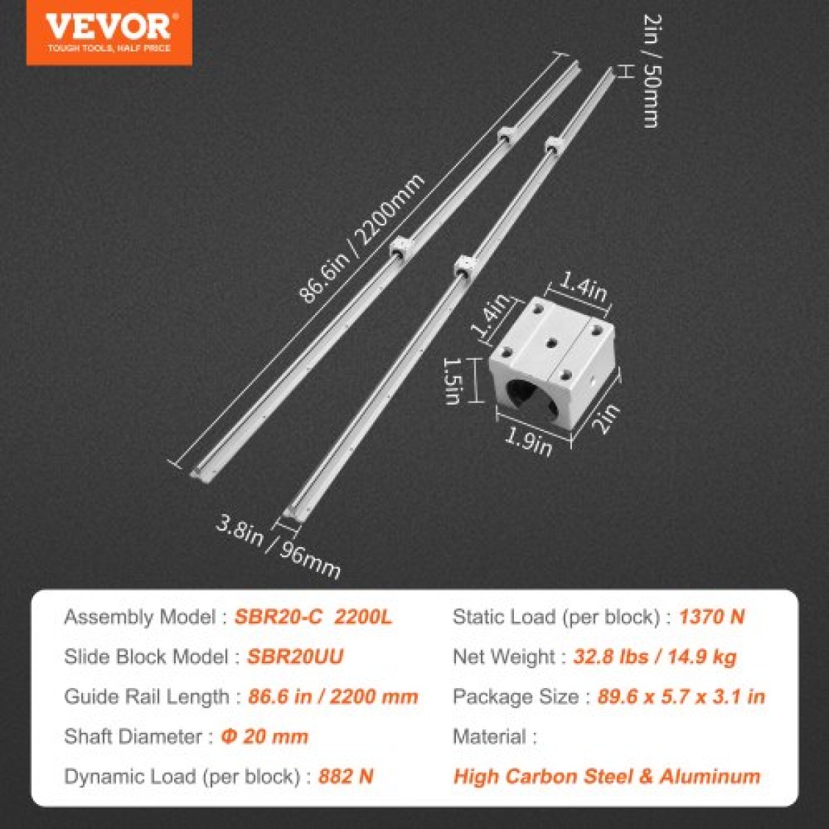 VEVOR Linear Guide Rail Set, SBR20 2200mm, 2 PCS 86,6 in/2200 mm SBR20 Guide Rails και 4 PCS SBR20UU Slide Blocks, Linear Rails and Bearings for Automated Machines DIY Project CNC Router Machines