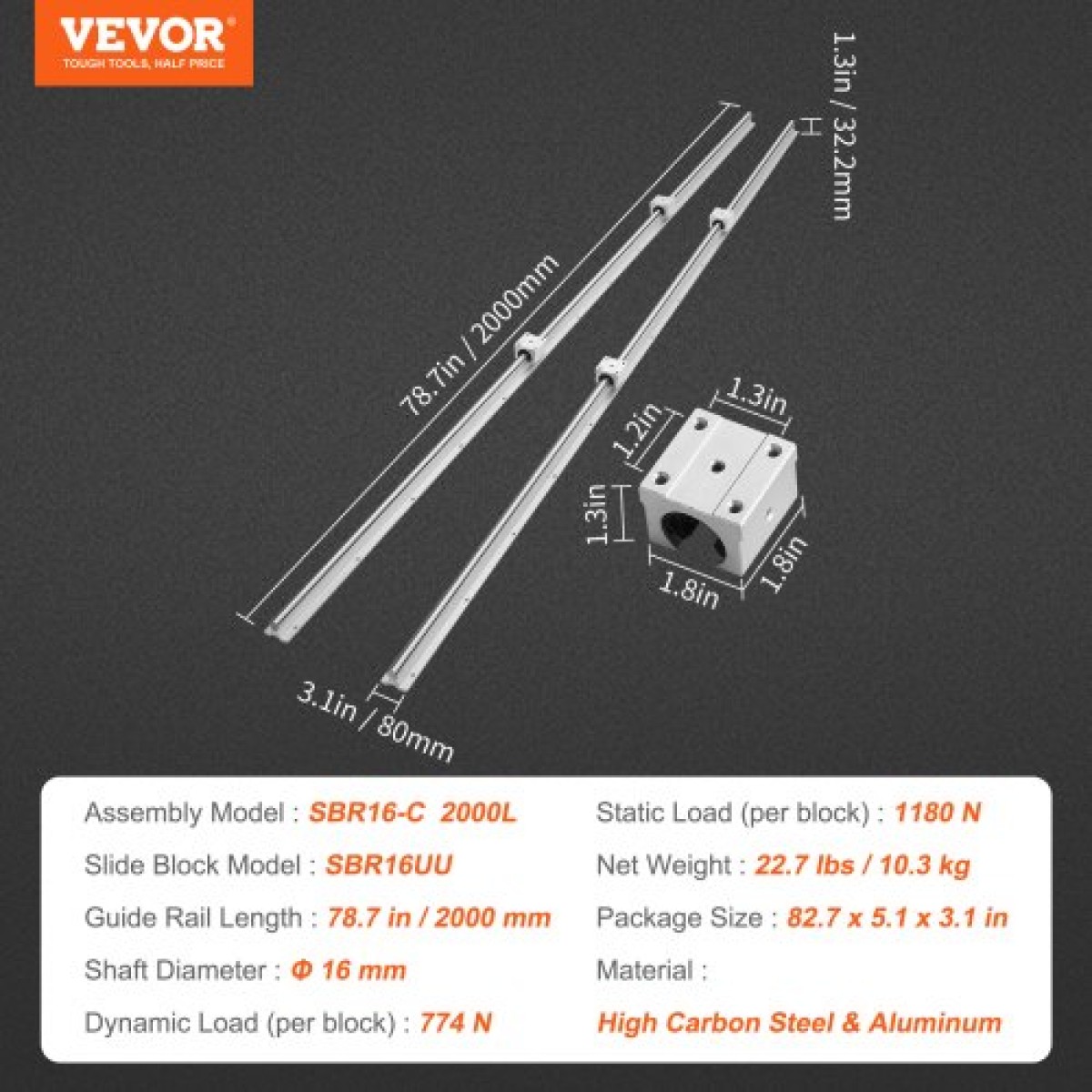 VEVOR Linear Guide Rail Set, SBR16 2000mm, 2 PCS 78,7 in/2000 mm SBR16 Guide Rails και 4 PCS SBR16UU Slide Blocks, Linear Rails and Bearings for Automated Machines DIY Project CNC Router Machines