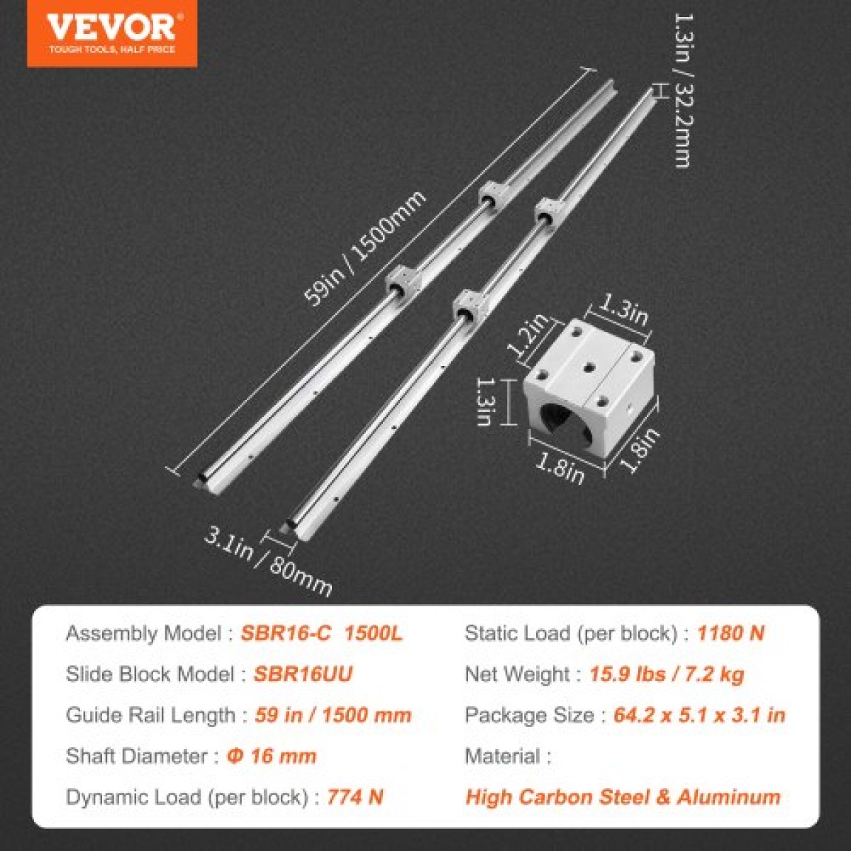VEVOR Linear Guide Rail Set, SBR16 1500mm, 2 PCS 59 in/1500 mm SBR16 Guide Rails και 4 PCS SBR16UU Slide Blocks, Linear Rails and Bearings Kit for Automated Machines DIY Project CNC Router Machines