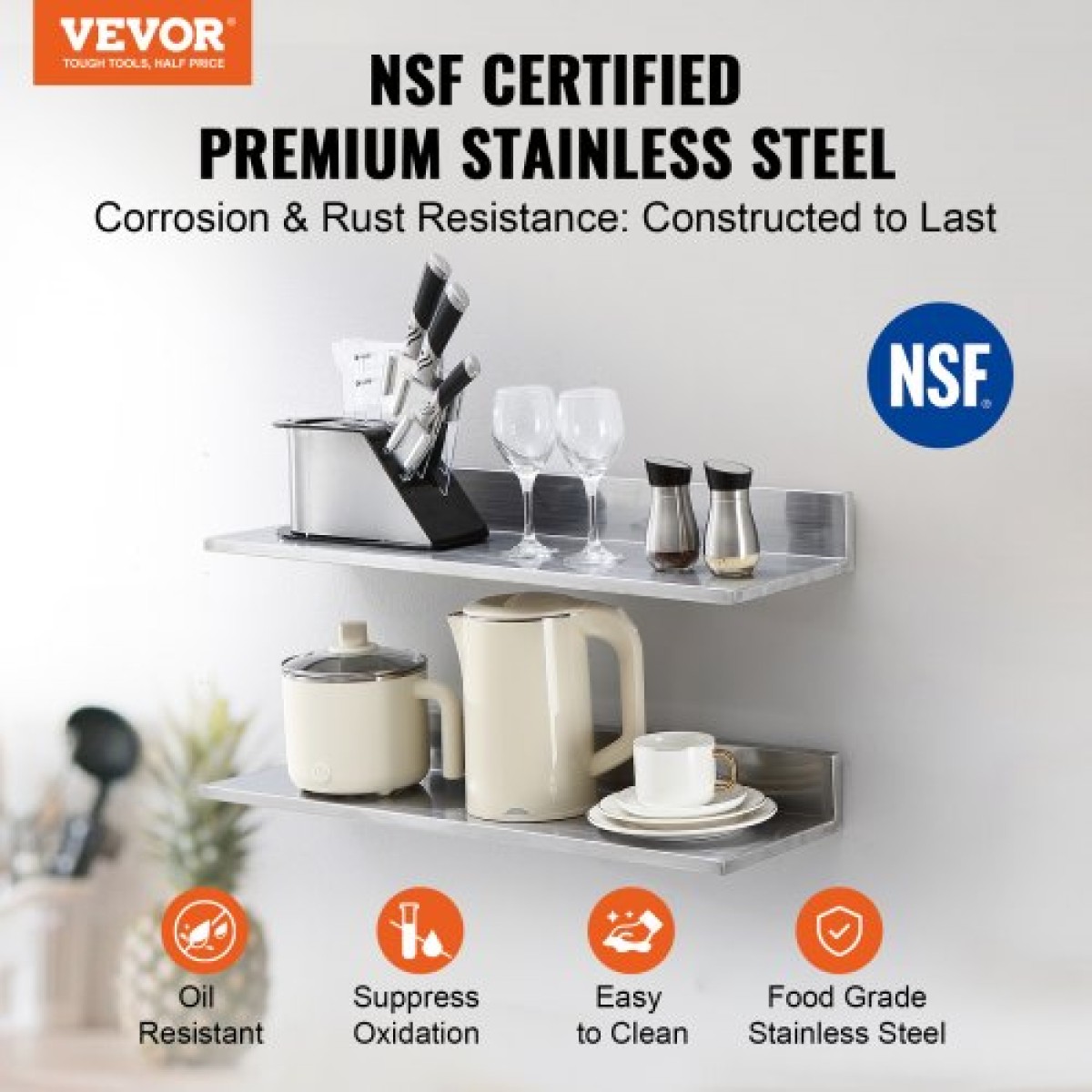 VEVOR 21,8 x 76,2 cm ράφι από ανοξείδωτο χάλυβα, επιτοίχια πλωτά ράφια με backsplash, 20 kg χωρητικότητας φόρτωσης εμπορικά ράφια, ράφι αποθήκευσης βαρέως τύπου για εστιατόριο, κουζίνα, μπαρ, σπίτι και ξενοδοχείο