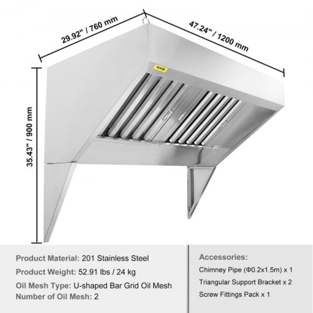 VEVOR Commercial Exhaust Hood, 4FT Food Truck Hood Exhaust, 201 Stainless Steel Concession Trailer Hood με 2 αποσπώμενο πλέγμα φίλτρου λαδιού σχήματος U, κουκούλα εξαερισμού ανθεκτικό στη σκουριά για εστιατόριο κουζίνας