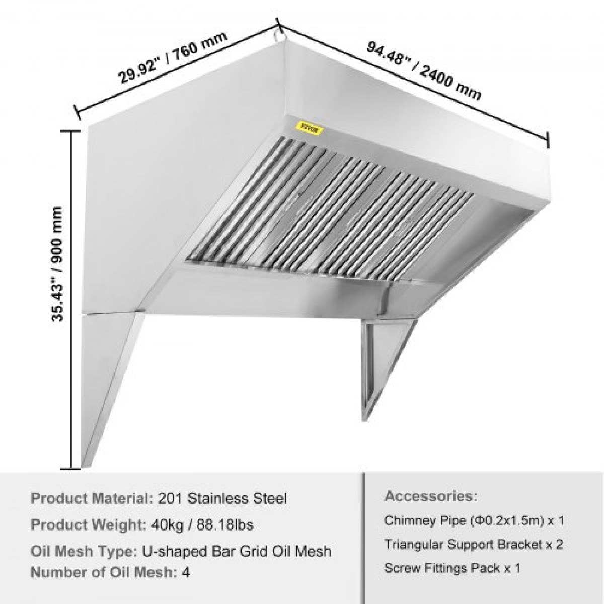 VEVOR Commercial Exhaust Hood, 8FT Food Truck Hood Exhaust, 201 Stainless Steel Concession Hood με 4 αποσπώμενο πλέγμα φίλτρου λαδιού σχήματος U, κουκούλα εξαερισμού ανθεκτικό στη σκουριά για εστιατόριο κουζίνας
