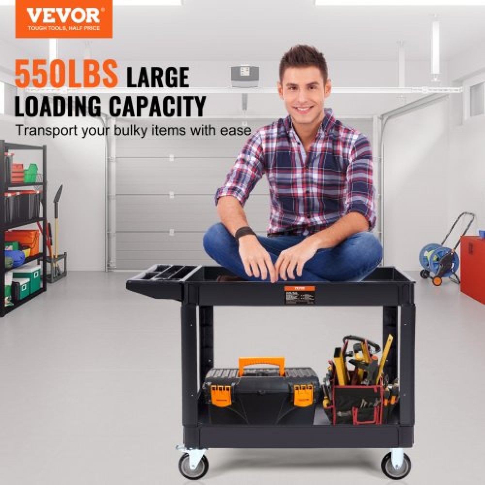 VEVOR Utility Service Cart, 2 Shelf 249,5 kg Βαρέως τύπου Πλαστικό Rolling Utility Cart με περιστρεφόμενους τροχούς 360° (2 με φρένα), μεγάλο ράφι με χείλη, εργονομική λαβή αποθήκευσης για αποθήκη/Γκαράζ/Καθαρισμό