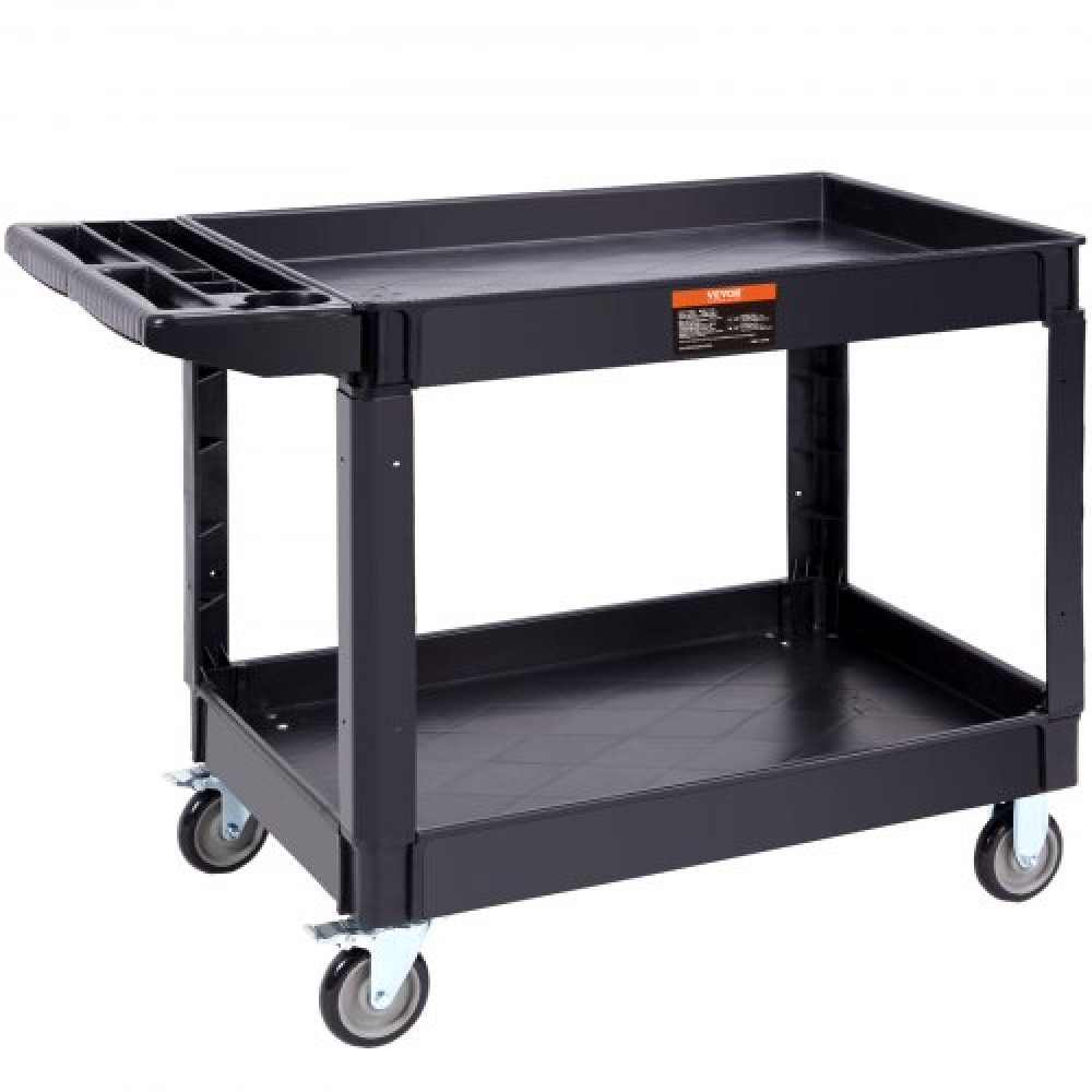VEVOR Utility Service Cart, 2 Shelf 249,5 kg Βαρέως τύπου Πλαστικό Rolling Utility Cart με περιστρεφόμενους τροχούς 360° (2 με φρένα), μεγάλο ράφι με χείλη, εργονομική λαβή αποθήκευσης για αποθήκη/Γκαράζ/Καθαρισμό