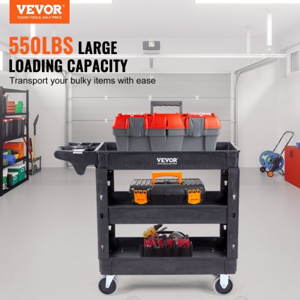 VEVOR Utility Service Cart, 550 LBS Load Capacity, 3 Shelf Heavy Duty Plastic Rolling Utility Cart με περιστρεφόμενους τροχούς 360° (2 με φρένα), Εργονομική λαβή αποθήκευσης για αποθήκη/Γκαράζ/Καθαρισμό