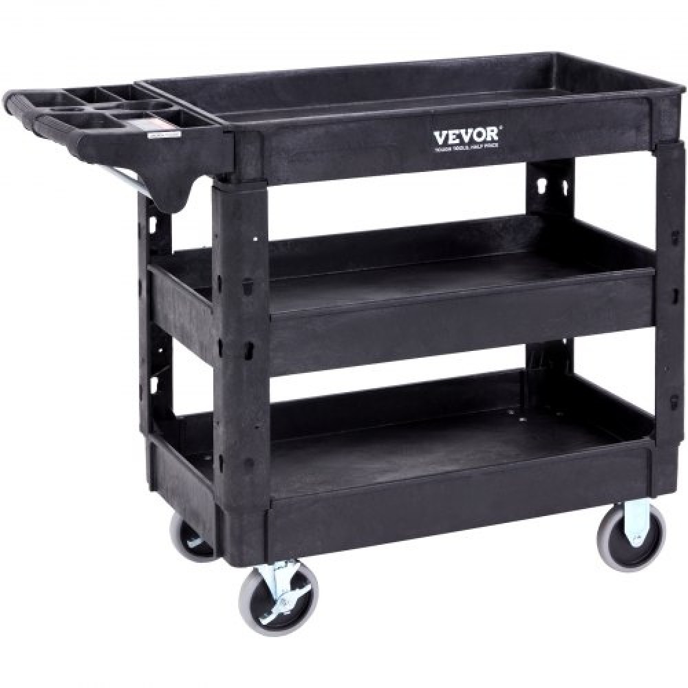 VEVOR Utility Service Cart, 550 LBS Load Capacity, 3 Shelf Heavy Duty Plastic Rolling Utility Cart με περιστρεφόμενους τροχούς 360° (2 με φρένα), Εργονομική λαβή αποθήκευσης για αποθήκη/Γκαράζ/Καθαρισμό