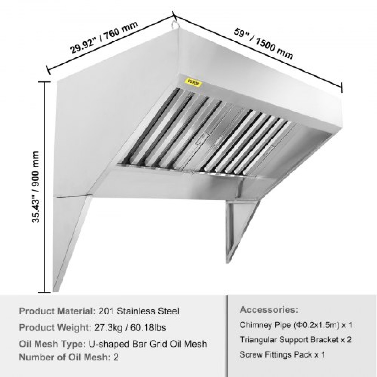 VEVOR Commercial Exhaust Hood, 1,5 m Food Truck Hood Exhaust, 201 Stainless Steel Concession Hood με 2 αποσπώμενο πλέγμα φίλτρου λαδιού σχήματος U, κουκούλα εξαερισμού ανθεκτικό στη σκουριά για εστιατόριο κουζίνας