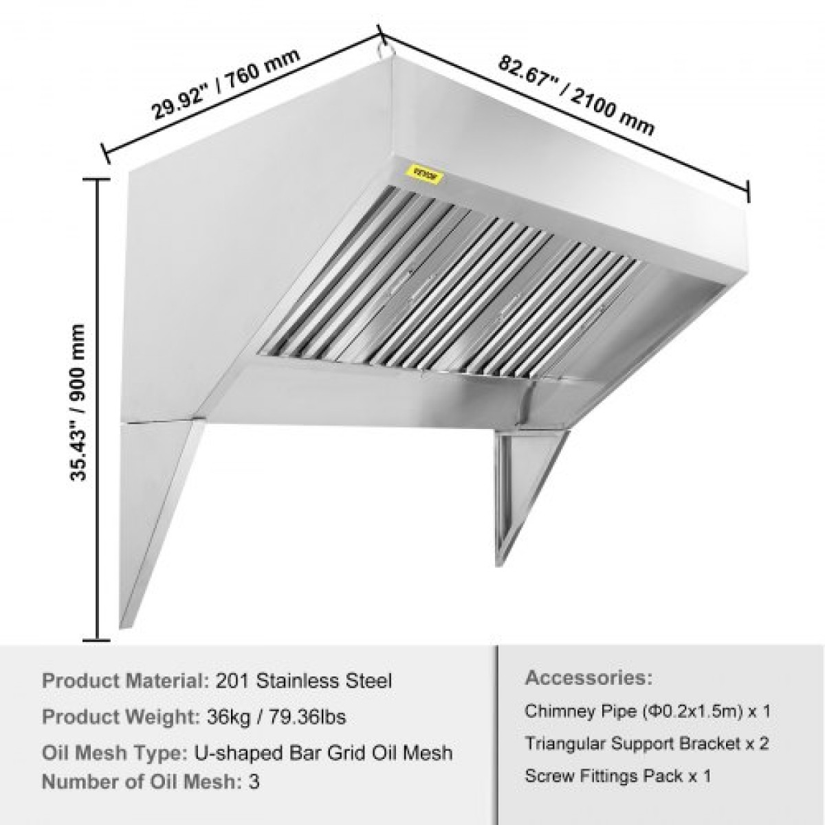 VEVOR Commercial Exhaust Hood, 7FT Food Truck Hood Exhaust, 201 Stainless Steel Concession Trailer Hood με 3 αποσπώμενο πλέγμα φίλτρου λαδιού σχήματος U, κουκούλα εξαερισμού ανθεκτικό στη σκουριά για εστιατόριο κουζίνας