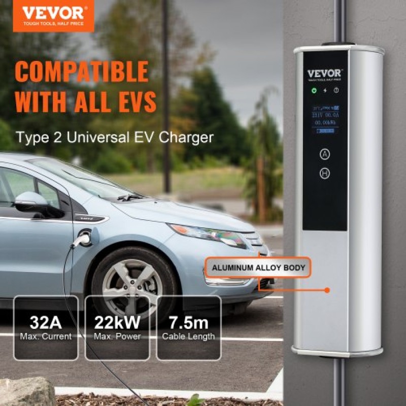 VEVOR Φορητός φορτιστής EV Τύπος 2, 32A 7,36 kW/22 kW, Φορτιστής αυτοκινήτου ηλεκτρικού οχήματος με καλώδιο φόρτισης 7,5 M CEE 32 βύσμα LCD, IEC 62196 Home Station EV Charging with Carry Bag Charging Cable Hook, IP66