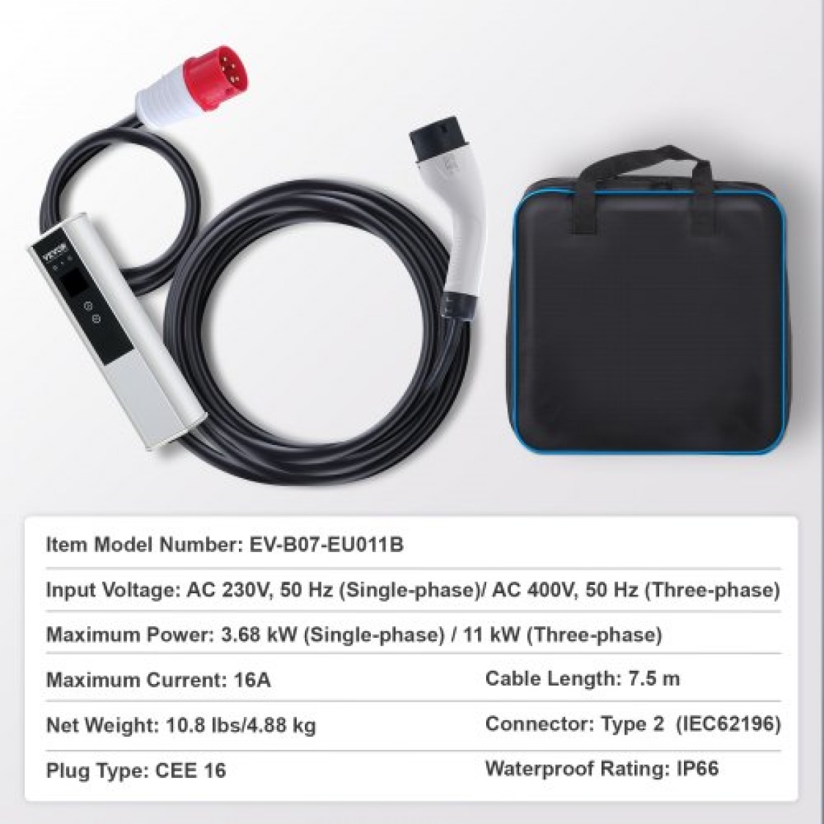 VEVOR Portable EV Charger Type 2, 16A 3,68 kW/11 kW, Electric Vehicle Car Charging Charging CEE 16 Plug LCD, IEC 62196 Home Station EV Charging with Carry Bag Charging Cable Hook, IP66