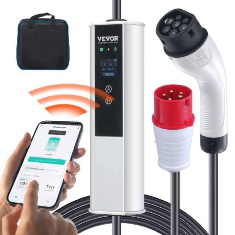 VEVOR Portable EV Charger Type 2, 16A 3,68 kW/11 kW, Electric Vehicle Car Charging Charging CEE 16 Plug LCD, IEC 62196 Home Station EV Charging with Carry Bag Charging Cable Hook, IP66