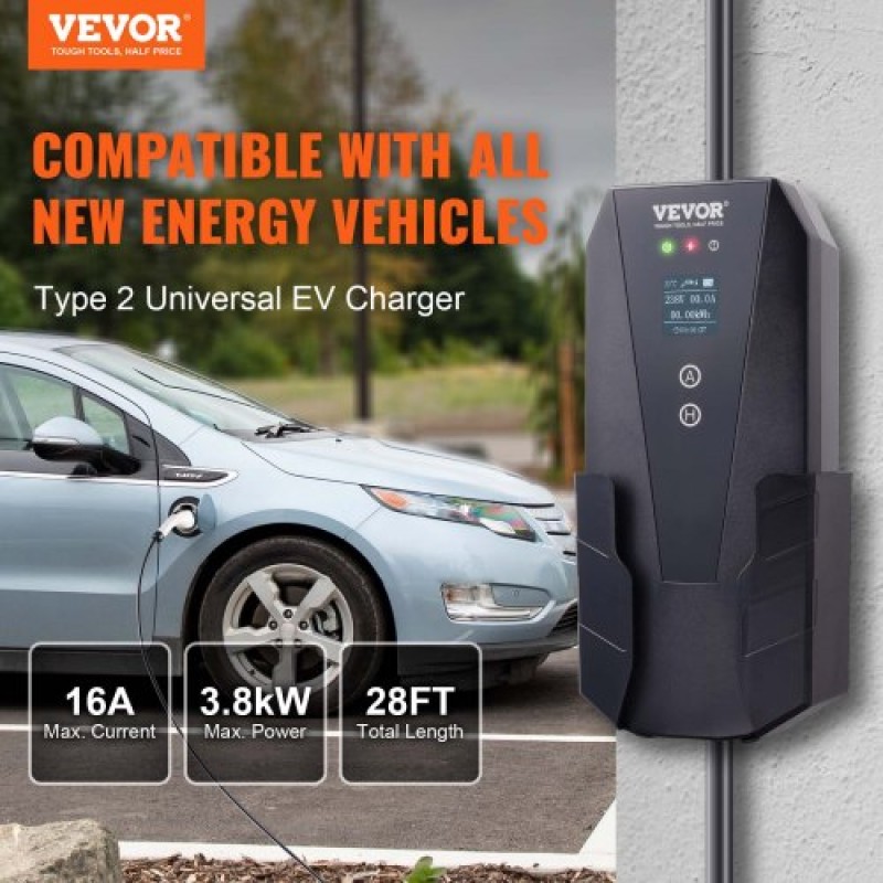VEVOR Φορητός φορτιστής EV Τύπος 2, 16A 3,7 kW, Φορτιστής αυτοκινήτου ηλεκτρικού οχήματος με καλώδιο φόρτισης 8,6 m CEE 7/7 Plug LCD οθόνη, IEC 62196 Home Station EV Charging with Carry Bag Charging Cable Hook, IP66