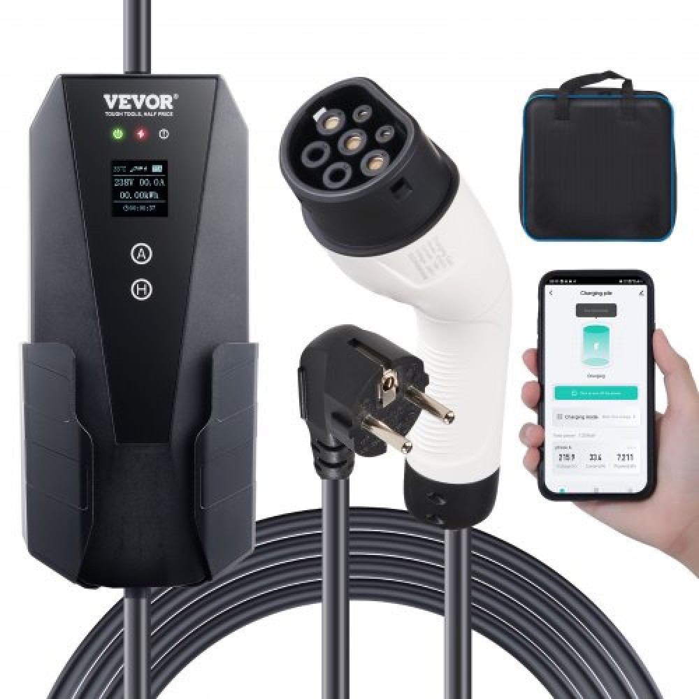 VEVOR Portable EV Charger Type 2, 16A 3.7kW, Electric Vehicle Car Charger with 28 ft Charging Cable CEE 7/7 Plug LCD Screen, IEC 62196 Home EV Charging Station with Carry Bag Charging Cable Hook, IP66