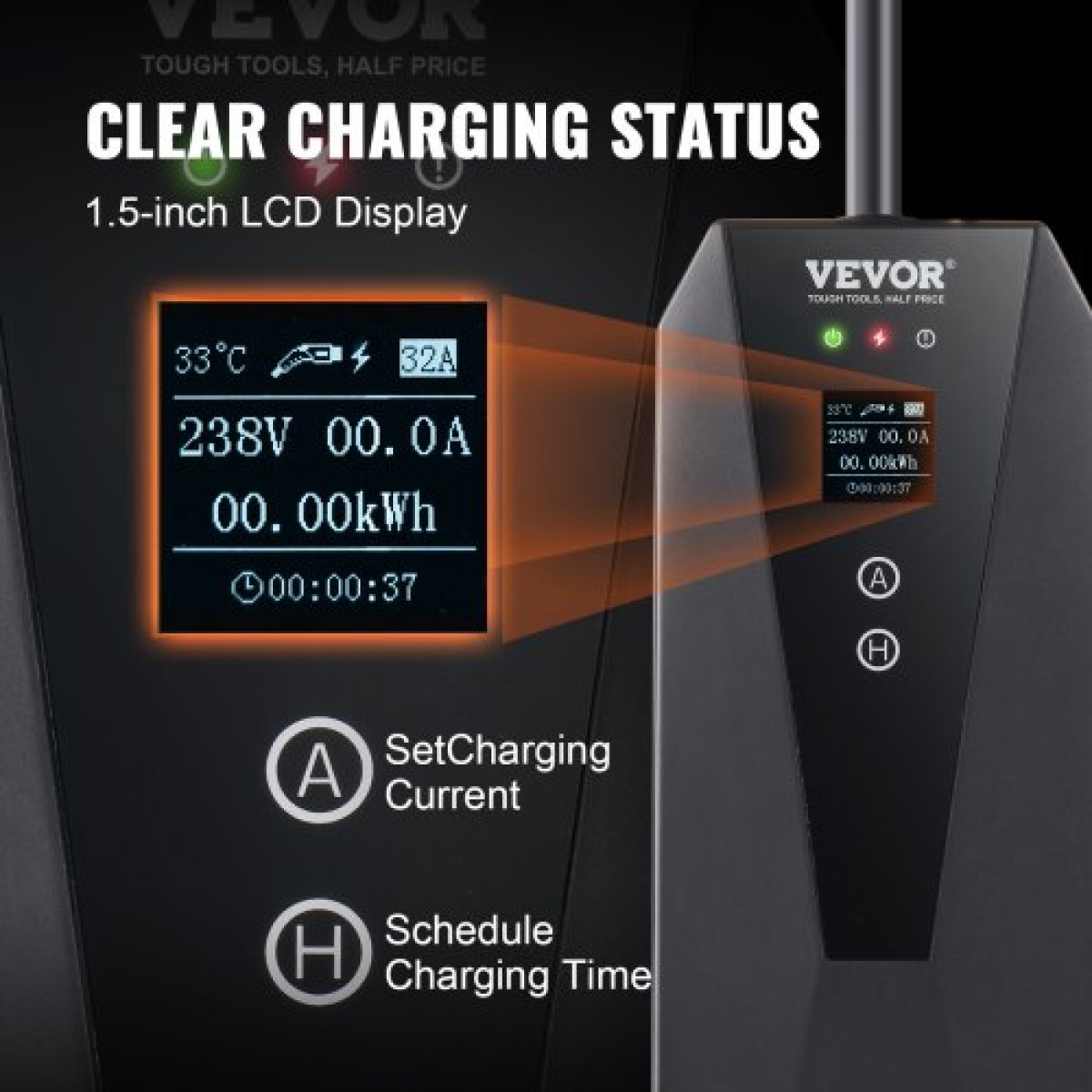 VEVOR Φορητός φορτιστής EV Τύπος 2, 16A 3,7 kW, Φορτιστής αυτοκινήτου ηλεκτρικού οχήματος με καλώδιο φόρτισης 8,6 m CEE 7/7 Plug LCD οθόνη, IEC 62196 Home Station EV Charging with Carry Bag Charging Cable Hook, IP66