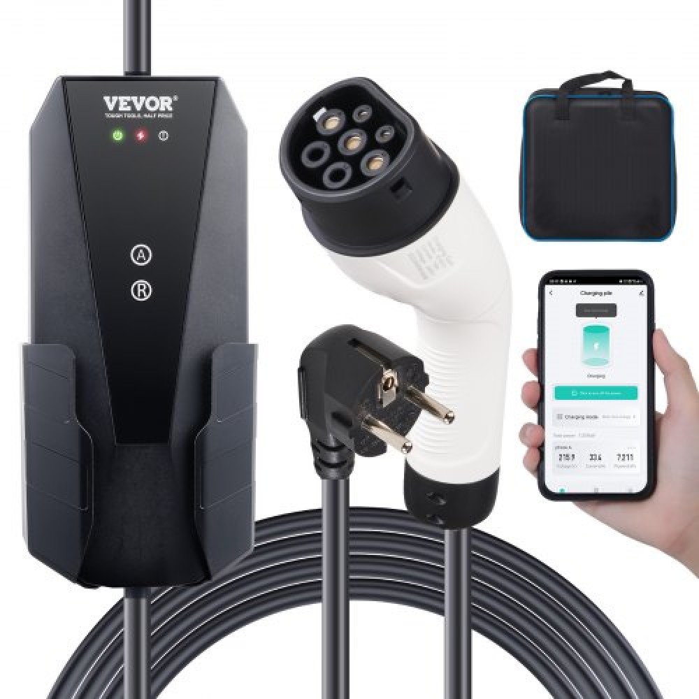 VEVOR Portable EV Charger Type 2, 16A 3.7 kW, Electric Vehicle Car Charger with 28 ft Charging Cable CEE 7/7 Plug, IEC 62196 Home EV Charging Station with Storage Bag Charging Cable Hook, IP66