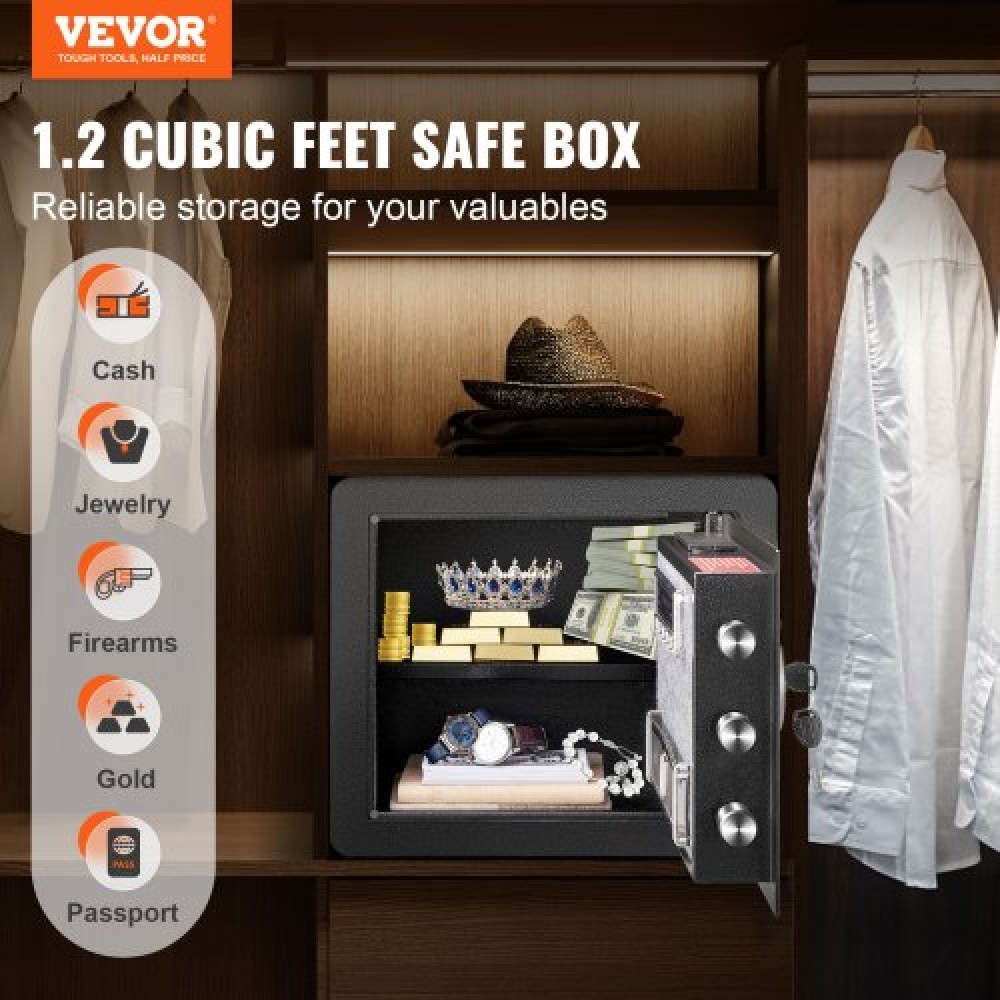 VEVOR Safe, 1.2 Cubic Feet Home Safe, Steel Security Safe with Digital Keypad and 2 Keys, Cabinet Safe with Fire-proof Bag, Protect Cash, Gold, Jewelry, Documents for Home, Hotel, 15.8x11.8x13.8 inche