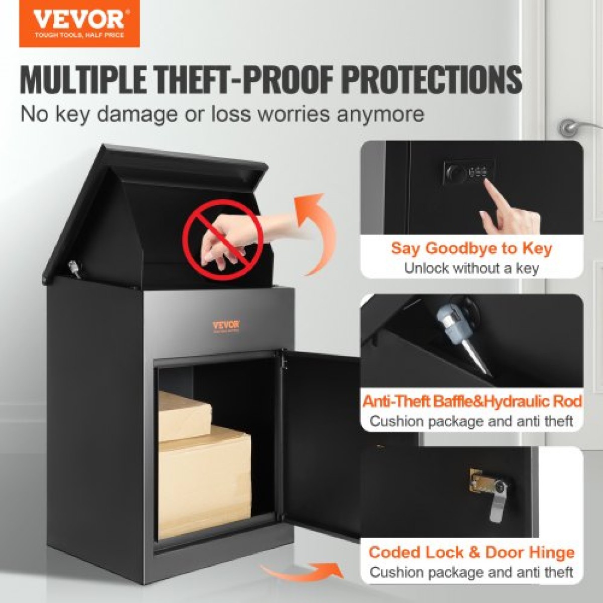 VEVOR Mailboxes for Outside 17.3"x13.8"x22.8", Κουτιά παράδοσης πακέτου από γαλβανισμένο χάλυβα για εξωτερικό με κωδικοποιημένη κλειδαριά, αντικλεπτικό διάφραγμα, IPX3 αδιάβροχο κουτί παράδοσης για πακέτα για βεράντα, πεζοδρόμιο