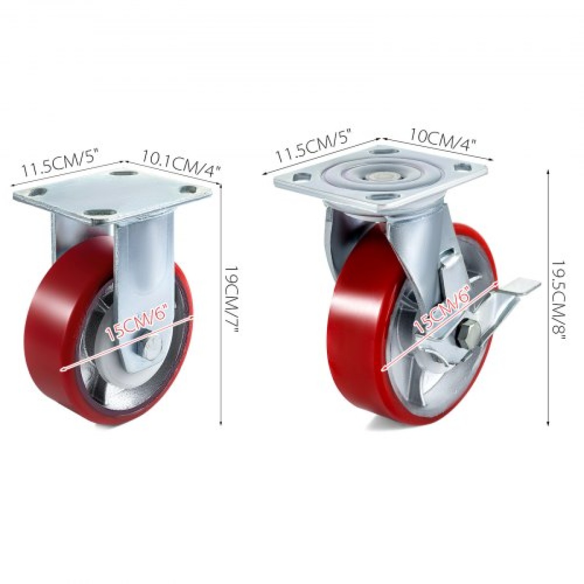 VEVOR 4 Pack 15,24 x 5,08 cm Τροχοί τροχοί 2 άκαμπτοι και 2 περιστρεφόμενοι τροχοί με πλαϊνό φρένο Πλάκα σιδήρου πολυουρεθάνης 453,59 kg Χωρητικότητα ανά τροχό