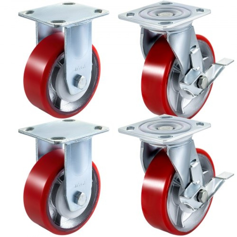 VEVOR 4 Pack 15,24 x 5,08 cm Τροχοί τροχοί 2 άκαμπτοι και 2 περιστρεφόμενοι τροχοί με πλαϊνό φρένο Πλάκα σιδήρου πολυουρεθάνης 453,59 kg Χωρητικότητα ανά τροχό