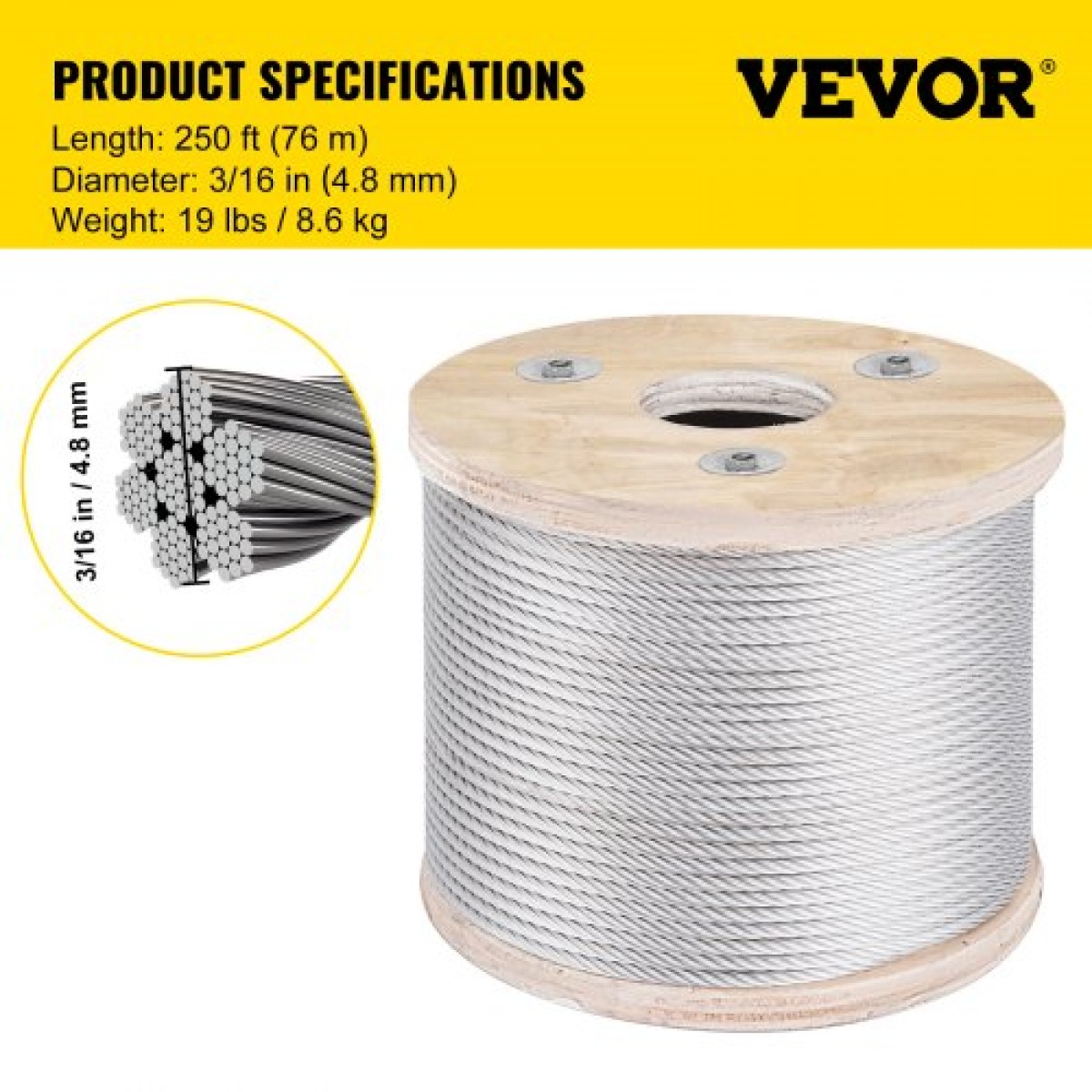 VEVOR 304 Καλώδιο από ανοξείδωτο ατσάλι 3/16 ιντσών 7 x 19 ατσάλινο συρματόσχοινο 250 πόδια Ατσάλινο καλώδιο για κάγκελα καταστρώματος DIY κιγκλίδωμα