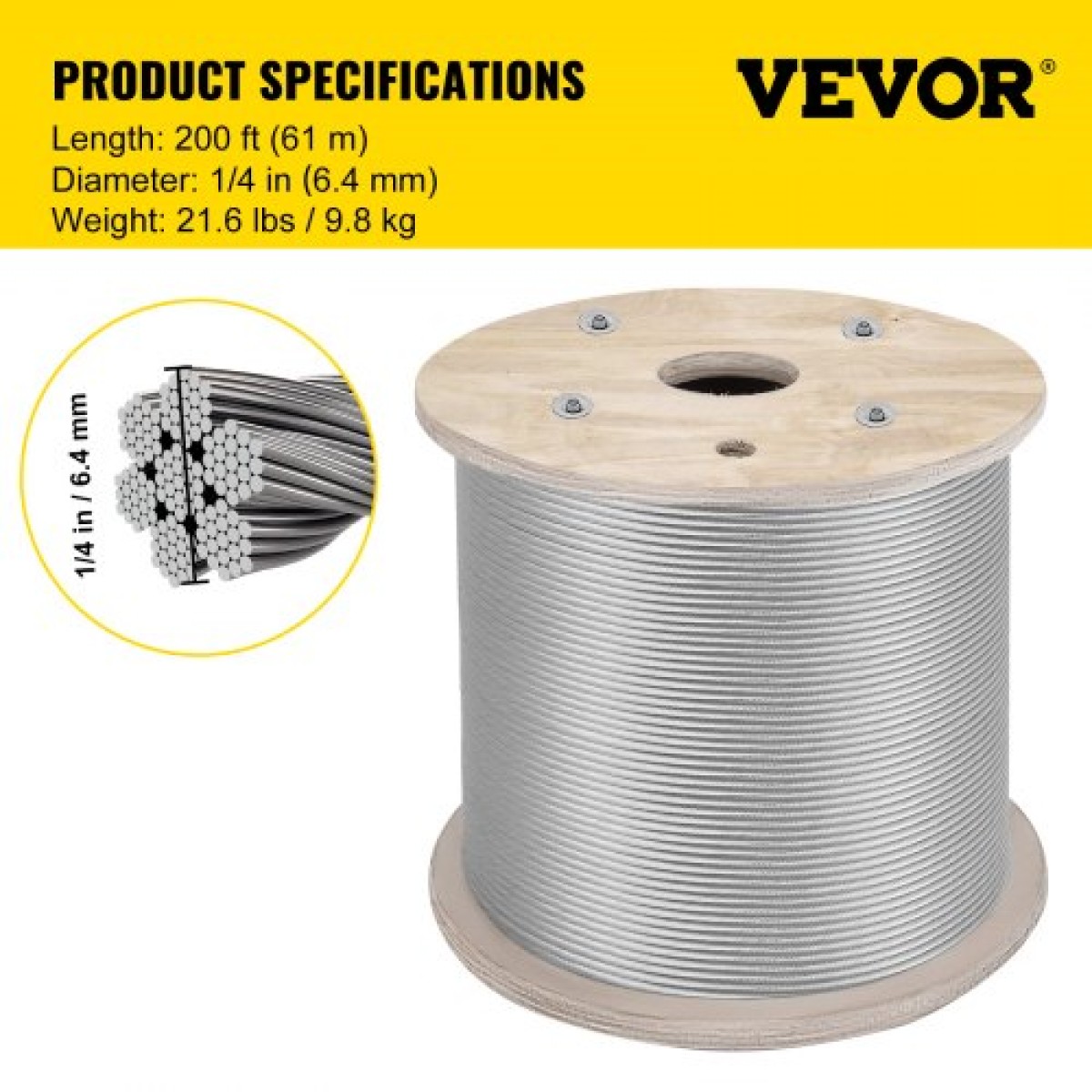 VEVOR 1/4" Καλώδιο από ανοξείδωτο χάλυβα 200FT, T304 7x19 Σύστημα κιγκλιδώματος καλωδίου πιο σφιχτό πυρήνα Σύρμα φράχτη κιτ κιγκλίδωμα καταστρώματος αεροσκαφών