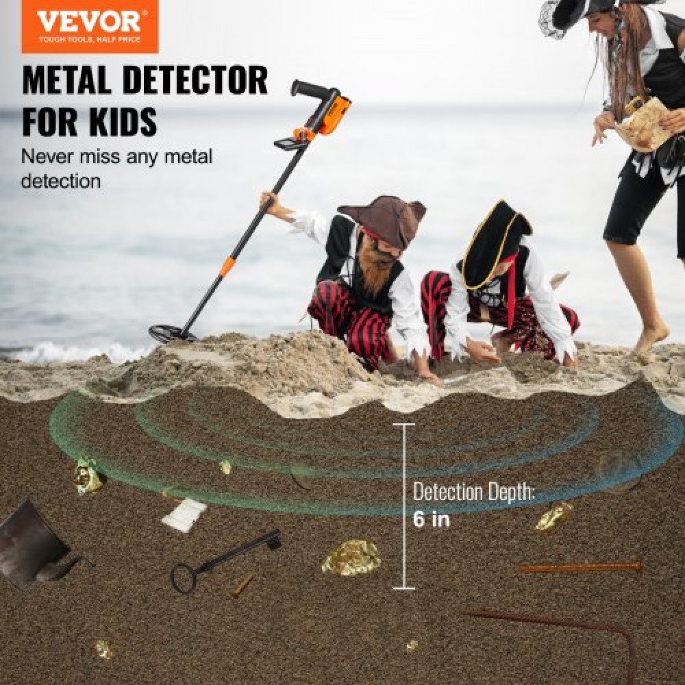 VEVOR Metal Detector for Kids, 6 Inch Waterproof Search Coil with LCD Display, Adjustable 26''-36'' Gold Detector, Lightweight Carbon Fiber Stem for Junior & Youth Detecting Gold Coin Treasure