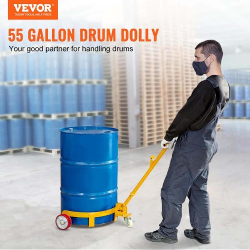 VEVOR 208,2 L Drum Dolly, 544,3 kg Χωρητικότητα φόρτωσης, Barrel Dolly Cart Drum Caddy Στρογγυλό Dolly Steel Χαμηλού προφίλ, Πλαίσιο από χάλυβα βαρέως τύπου με ρυθμιζόμενη λαβή 3 τροχών, για εργαστήριο εργοστασιακή αποθήκη