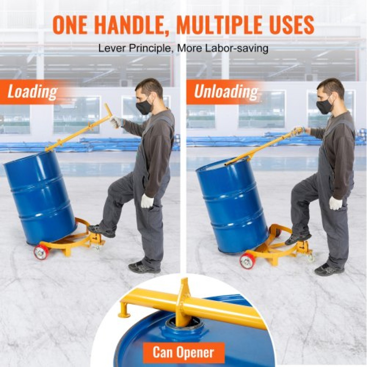 VEVOR 208,2 L Drum Dolly, 544,3 kg Χωρητικότητα φόρτωσης, Barrel Dolly Cart Drum Caddy Στρογγυλό Dolly Steel Χαμηλού προφίλ, Πλαίσιο από χάλυβα βαρέως τύπου με ρυθμιζόμενη λαβή 3 τροχών, για εργαστήριο εργοστασιακή αποθήκη