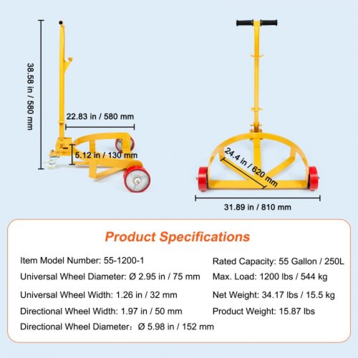 VEVOR 208,2 L Drum Dolly, 544,3 kg Χωρητικότητα φόρτωσης, Barrel Dolly Cart Drum Caddy Στρογγυλό Dolly Steel Χαμηλού προφίλ, Πλαίσιο από χάλυβα βαρέως τύπου με ρυθμιζόμενη λαβή 3 τροχών, για εργαστήριο εργοστασιακή αποθήκη